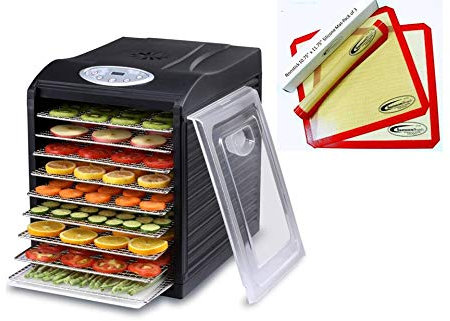 Samson Silent 9 Stainless Steel Tray Dehydrator with Digital Timer and Temperature Control for Fruit, Vegetables, Beef Jerky, Herbs, Dog Treats, Fruit Leathers and More PLUS 9 Samson Silicone Sheets