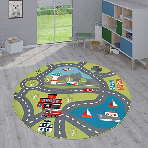 Paco Home Kinderteppich Teppich Kinderzimmer Spielteppich Junge Mädchen Modern rutschfest, Grösse:200 cm Rund, Farbe:Grün 2