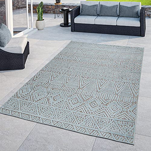 TT Home In- & Outdoor-Teppich, Flachgewebe Für Balkon Terrasse, 3-D Ethno-Look, Türkis, Größe:160x220 cm