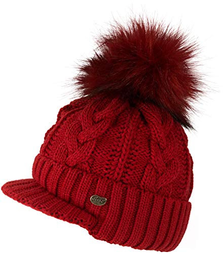 fashionchimp ® Damen Schildmütze mit Wolle, Felloptik-Bommel, Zopfmuster, Fleece-Innenfutter, Made In EU (Winterrot)