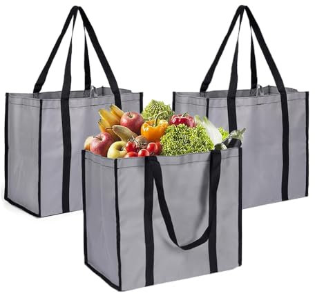 LONGTEAM Große wiederverwendbare faltbare Einkaufstasche, zusammenklappbar, waschbar und leicht, Einkaufstasche mit verstärkten Griffen (3 Packung - grau)
