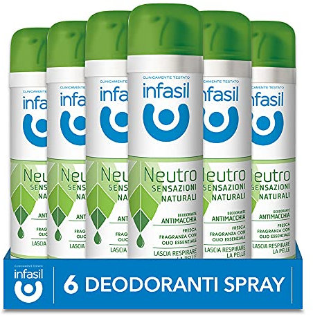 Infasil Neutro Sensazioni Naturali, Deodorante Spray Antimacchia Senza Sali di Alluminio, Efficace fino a 24H, Fragranza con Olio Essenziale, Delicato sulla Pelle, 6 Deodoranti da 150 ml