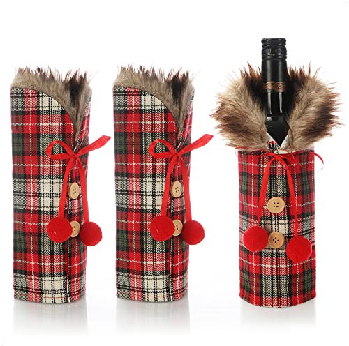 com-four® 3x housses de bouteilles de vin - sacs à bouteilles au design de Noël - décoration de bouteille pour la table de Noël - pull à carreaux comme emballage cadeau (rouge et blanc - à carreaux)