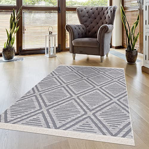 Pasha Home Läufer 160x230 cm Edinburgh/Boho Teppich aus Baumwolle für Wohnzimmer, Schlafzimmer, Küche, Bad, Kinderzimmer/Wendbar/Weiß-Grau