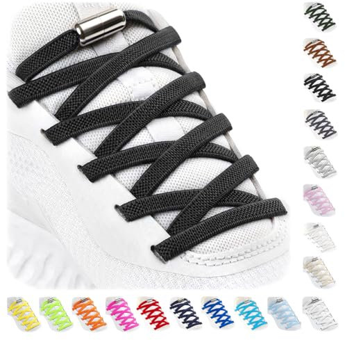 Stepace 2 Pares Cordones Elásticos con Cerradura de Metal, Cordones Ajustables sin Atar para niños y Adultos, Cordones de Zapatos Sin Nudos para Zapatillas Deportivas Negro