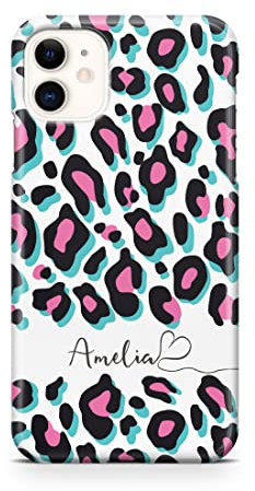 iCaseDesigner Personalised Name with Heart Animal Print Phone Case Compatible with iPhone 11 Pro. 13. Funky Pink Turquoise Leopard