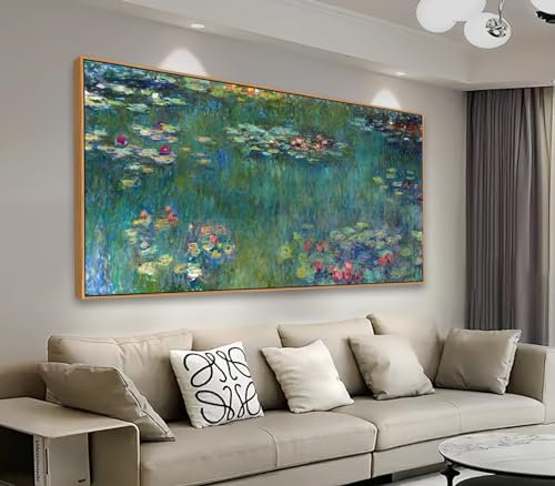 Framed Wall Art Canvas Prints Water Lilies by Claude Monet Garden Scenery Large Canvas Artwork Green Landscape Contemporary Nature Wall Pictures for Living Room Bedroom Home Office Decor 24 x 48