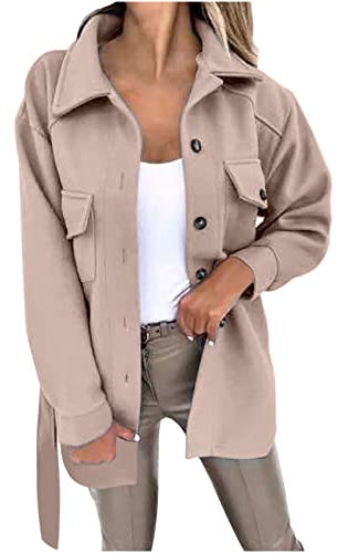 Jaihank Damen Wollmantel mit Gürtel Dicker Warmer Wintermantel Lässige einfarbige Wolljacke Revers Langen Ärmeln Hemdmantel Hemdjacke mit Knöpfen Langarmshirt Übergangsjacke Winterjacke