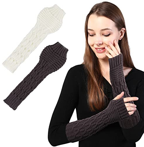 AYPOW Damen Fingerlose Handschuhe 2 Paar, Winter Gestrickte Handschuhe für Damen, Winter Halb Handschuhe Damen, Gestrickte Pulswärmer Strick Kurzer Fingerless Armstulpen Winter Halb Fingerhandschuhe