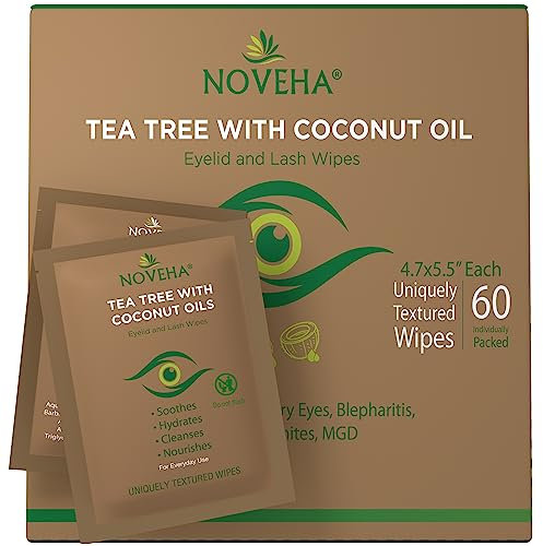 NOVEHA Tea Tree & Coconut Oil Eyelid & Lash Wipes | For Demodex, Blepharitis & Itchy Eyes, Box Of 60 Individually Wrapped Eyelash Wipes With Aloe Vera, Natural Makeup Remover & Daily Eye Cleanser