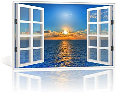 JZSDGB Incorniciato Quadro su tela XXL Finestra con vista-Quadri paesaggi su tela-Sole sul mare Poster Stampa Artistica su Tela con finestra dipinti su tela 70x105cm(28x41in)