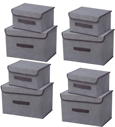 NCRGB 8 Stück Stoff Faltbare Aufbewahrungsboxen mit Deckel(36cm/4 Pack+26cm/4 Pack) Stoffaufbewahrungsbehälter mit Deckel,Kleiderschrank Organizer für Kleideraufbewahrung,Raumorganisation-Grau