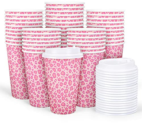 Whaline 50Pcs Leopard Hot Pink Paper Cups with Lids Pink White Paper Coffee Cups Animal Disposable Cups for Hot Drinks Cold Beverage Bridal Baby Shower Birthday Wedding Party Supplies