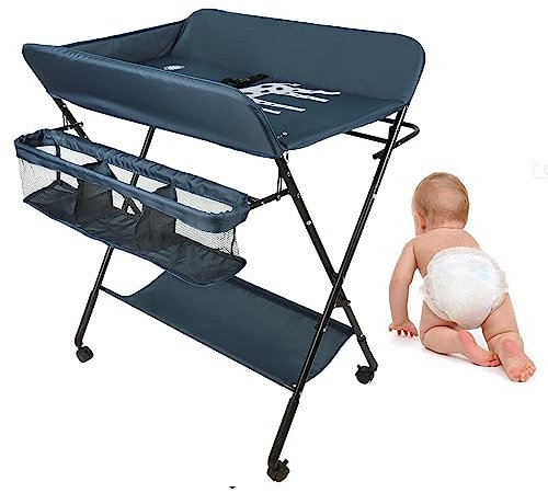 Homewell Baby Wickelkombi Wickelkommode, Mobile Wickeltisch Klappbar, mit Wickelauflage, Sicherheitsgurt, Ablagefächern, süßem Muster und Höhenangabe, Stabil und Bequem (Blau-Tief)