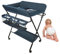 Homewell Baby Wickelkombi Wickelkommode, Mobile Wickeltisch Klappbar, mit Wickelauflage, Sicherheitsgurt, Ablagefächern, süßem Muster und Höhenangabe, Stabil und Bequem (Blau-Tief)