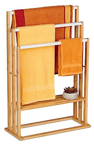 Relaxdays Handtuchständer, Bambus, 3 Stangen & Ablage, HxBxT: 82x55x24 cm, freistehend, Bad Duschtuchhalter, Natur/weiß