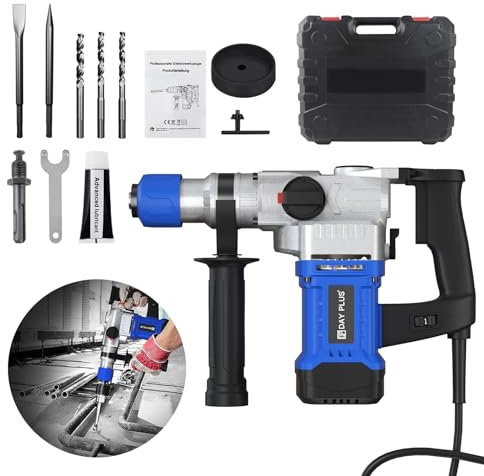 Marteau Perforateur, 3 en 1 Marteau Électrique/Perceuse/Pic Multifonctions Perforateur Burineur 1080W, 4500RPM, avec Poignée Pivotante 360°pour Le Ciment, Mur, Burinage de Tuiles, l'Impact, Perçage