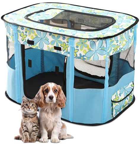 ALLSOPETS Recinto per Cani da Interno Pieghevole, Anche per Esterno, Box Traspirante Portatile per Gatti Conigli Cuccioli con Borsa da Trasporto, per Viaggi e Campeggio (Fiori Blu, L)