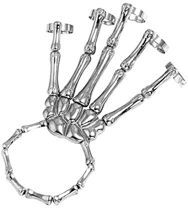 Skelett Hand Ringe Halloween Skull Armband Handknochen Punk Gothic Skelettarmband Horror Knochen Armband mit Rring Gelenkfinger Bracelet Schädel Handschmuck für Erwachsene Kinder Party Kostüm Silber