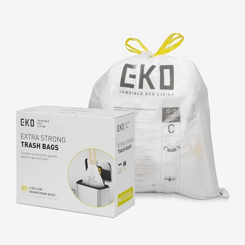 EKO Easy-Dispense Roll 80 Count Extra-Strong Drawstring Small Trash Bag, 4 Gallon Trash Bag (10-15L) 80 Pack White, Code C