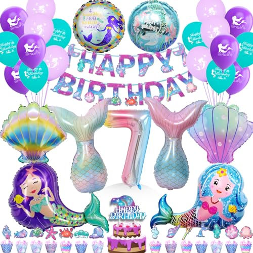 Waziwe Meerjungfrau Geburtstag Deko 7 Jahre, Meerjungfrau Ballon Geburtstag 7 Jahre MäDchen, Luftballons Meerjungfrau Kuchen Deko Geburtstag MäDchen, Meerjungfrau Geburtstag Luftballon 7
