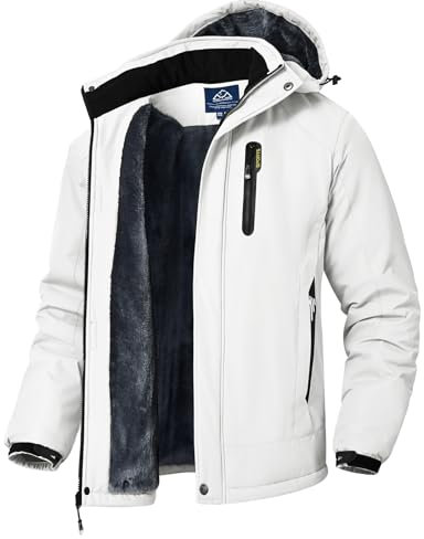 donhobo Herren Winter Skijacke Atmungsaktiv Warm Gefüttert Winterjacke Wasserdichte Winddichte Outdoor Verdickt Funktionsjacke mit Abnehmbarer Kapuze, Weiß, L