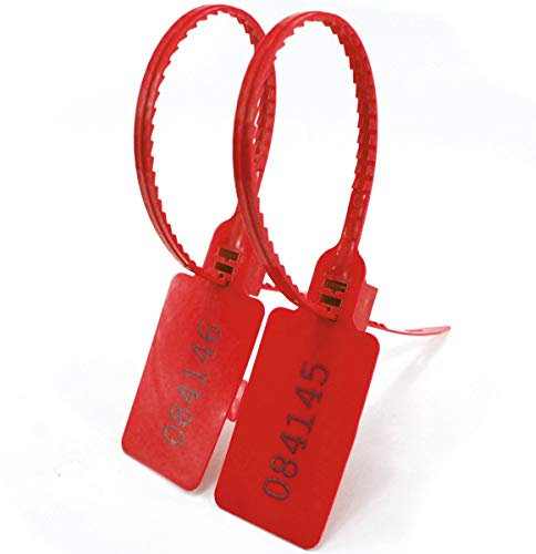 Kabelbinder, wiederverwendbar, Sicherheitsplomben, sichere manipulationssichere Plomben, nummerierte Zugbinder mit Zahn, verstellbare Länge, großes Etikett (100 Stück x rot)