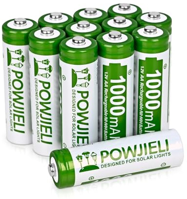 POWJIELI Lot de 12 piles AA rechargeables Ni-MH 1,2 V 1000 mAh haute capacité pré-chargées double A pour lampes solaires de jardin, aménagement paysager, guirlandes lumineuses, trottoirs, allées