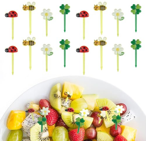 24 Stück Piekser Fingerfood Kinder, Obstgabeln Kinder, Bento Box Piekser Kinder, Obstspieße Kinder, Spieße Kinder Brotbox, Mini Sonnenblume Marienkäfer Food Picks für Desserts Obst Mittagessen Party