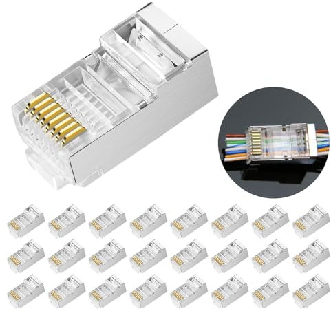 Hugwait Lot de 25 Connecteur RJ45 CAT6/CAT5/CAT5E, 1Gbps Embout de Connecteur Blindé RJ45 8P8C, Connecteur Sans Outil pour Transmission de Données Haute Vitesse Ethernet