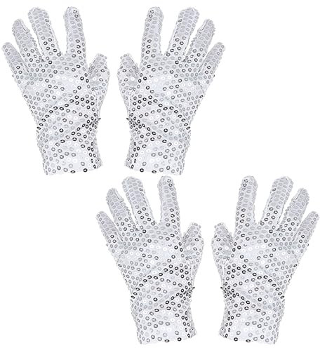 XNIVUIS 2 Paar Glänzende Punk-Konzert Handschuhe - Popstar Pailletten Kostüm für Erwachsene - Performance Handschuhe für Halloween Cosplay (Weiß)