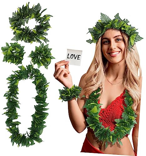 AOKWAWALIY Grüne Hawaiianische Partygirlanden 4 Stück Künstliche Blätter Haarband Lebensechte Blätter Halsband Schleife Armband Hawaii-Seidenkränze Urlaub Hochzeit Strand
