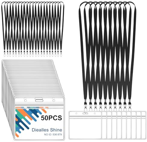 Diealles Shine Lot de 50 Porte Badge Tour de Cou, Porte Carte Transparent, Badge Plastique avec Lanière, Waterproof Porte Carte Cou pour Entreprise Exposition Groupe, Noir