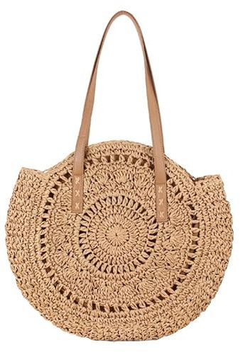 MOISTRI Stroh Strandtasche Runde Tragetaschen Handtasche Umhängetasche Einkaufstasche Frauen Sommer Handtasche Große Taschen für Frauen Urlaub Braun