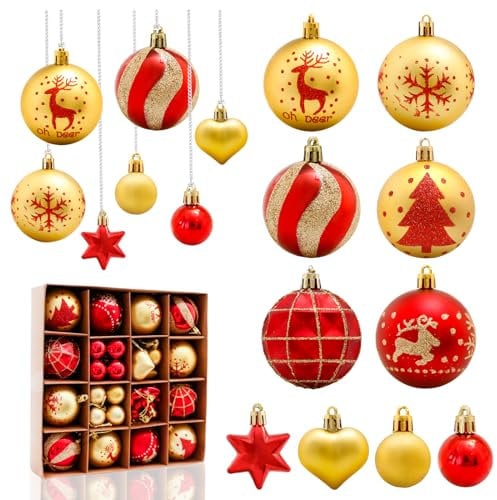 Aitsite 38 Pcs Christmas Baubles, Red and Gold Shatterproof Xmas Baubles Christmas Tree Decorations Large Balls Ornaments Hanging Decorations for Xmas Holiday Party Home