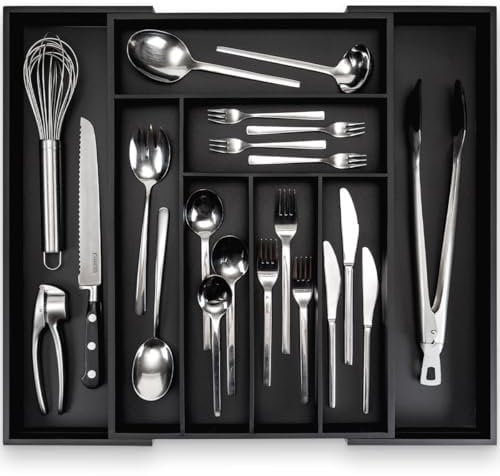 budu Besteckkasten #50 (Tiefe 50cm) aus Bambus - Schwarz - Schubladen Ordnungssystem für die Küche - Besteckkasten für Schubladen aus Bambus - Ausziehbar - Kitchen drawer organizer - Kitchen organizer