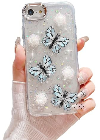 ZTUOK Case for iPhone 6 6S 7 8 for Women Girls,Cute 3D Butterfly Floral Design Sparkle Glitter Bling Soft TPU Cover Shockproof Protective Phone Case for iPhone SE 3 2022/iPhone SE 2 2020-Blue