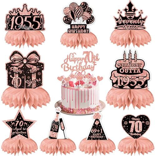 70th Birthday Table Decorations for Women - Rose Gold Party Honeycomb Centerpieces Cake Toppers Supplies, 17 Pieces Cheers to 70 Years Vintage 1955 Decor Happy 70th Birthday