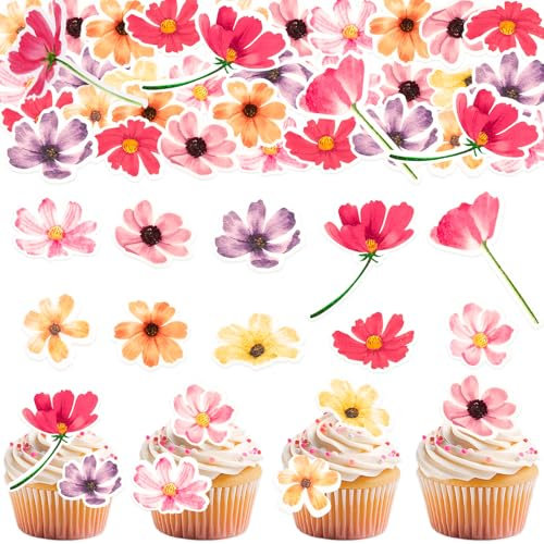 GoldRock Essbare Blüten Tortendeko, 52 Stück Essbare Blumen für Torte, Blüten Tortendeko Essbar für Hochzeit,Babyparty,Geburtstag, Esspapier Zuckerblumen für Torten,Blumen Deko Torte, Kuchendekoration