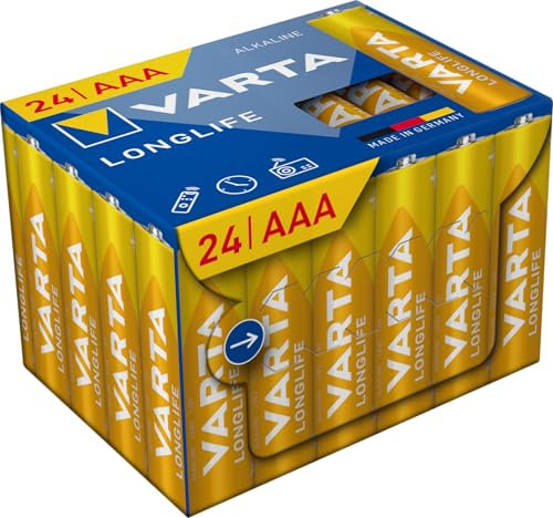 VARTA Pile AAA, confezione da 24, Longlife, Alcaline, 1,5V, ideale per telecomandi, sveglie, radio, orologi da parete, imballaggio riciclato al 90%, Made in Germany