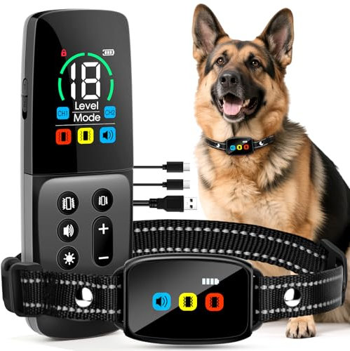 Collier Anti-aboiements avec télécommande pour Chiens, Dispositif Anti-aboiements, Modes de bip et de Vibration, Rechargeable, Couleur LCD,étanche IP67 Collier de Dressage pour Chiens