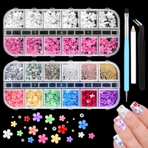 Classicseali 2 Boxes 3d Nail Charms, Flowers Nail Charms, Multicolor Pearls Rhinestones for Nails Art Decorations with Pickup & Dotting Tools for Nails Art DIY, Salon Jewel Accessories