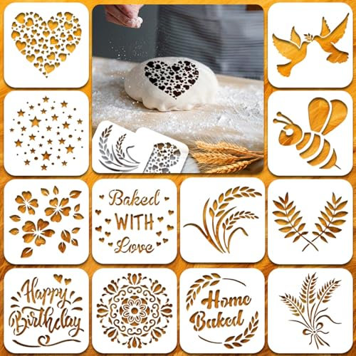 12 Stück Brot Schablonen, Backschablonen Set Brot Muster Schablone 15 X 15cm/5.9 X 5.9in Brot Schablonen zum Dekorieren Artisan Brotschablonen für Brot, Kuchen, Kaffee, Torte oder Kekse