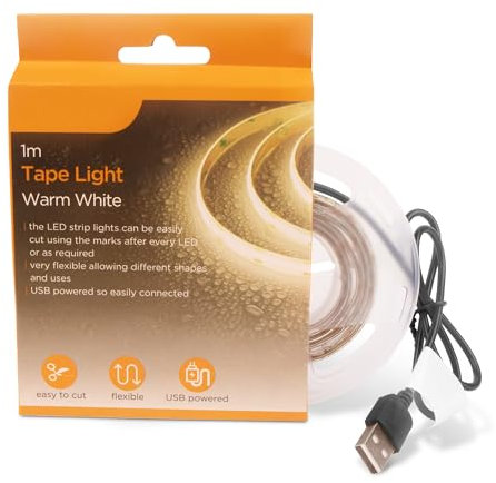 Navoys Warm White LED Light Strip Tape USB Powered 3.3ft/1 Meter - Self Adhesive for Home, Commercial, Cupboard, TV Backlight, Decorative Lighting, UKCA/CE, Trimmable, Flexible, Room Decoration