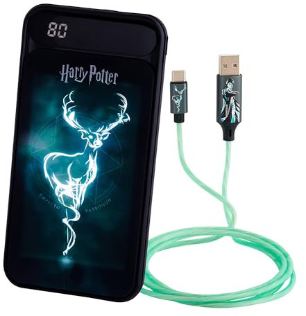 WONDEE Pack Magique Harry Potter Powerbank 10.000mAh LED Effet Patronus + Cable Lumière Magique - Harry Potter Gadgets Cadeaux, Chargeur Portable 10.000 et Câble Lumineux Sort de Patronus