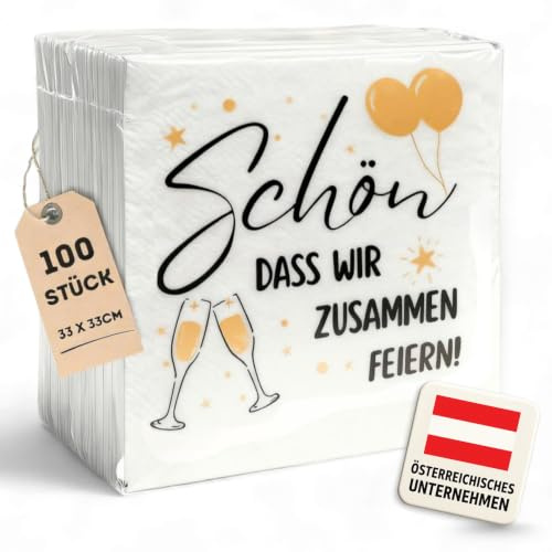 EV® Servietten - Tischdeko Geburtstag, 100 Stück, 33 x 33 cm | Festliches Gold-Design mit Spruch „Schön, dass wir zusammen feiern“ - Ideal als Tischdeko für Hochzeit, Geburtstage & Feste