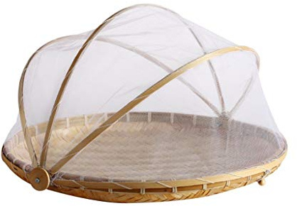 Kalttoy Panier en bambou tissé à la main avec filet anti-moustiques pour fruits et légumes - Rond - En osier antipoussière - Plateau de pique-nique pour aliments et pain