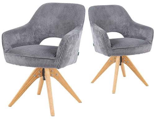 DUBI Möbel Esszimmerstühle 2er Set 360° drehbar mit Taschenfederkern, hoher Sitzkomfort, bis 150 kg belastbar,abriebfester Stoff Grau, Eiche Massivholzgestell im zeitlosen Design, Mika-Lena
