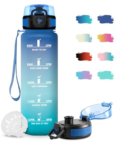 Borraccia Palestra 1 Litro, Borracce Motivazionale con Filtro, a Prova di Perdite, Facile da Trasportare, Bottiglia Acqua Sportiva con Indicatore del Tempo per Campeggio, Scuola, Ufficio, Viaggio