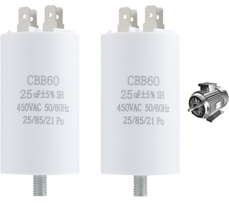 2 Stücke CBB60 Anlaufkondensator 25µF 450V 50/60Hz, Motorkondensator mit Stecker M8, Betriebskondensator für Einphasenmotoren, Kondensator 40x70mm für Wasserpumpe,Ventilator,Waschmaschine, Klimaanlage